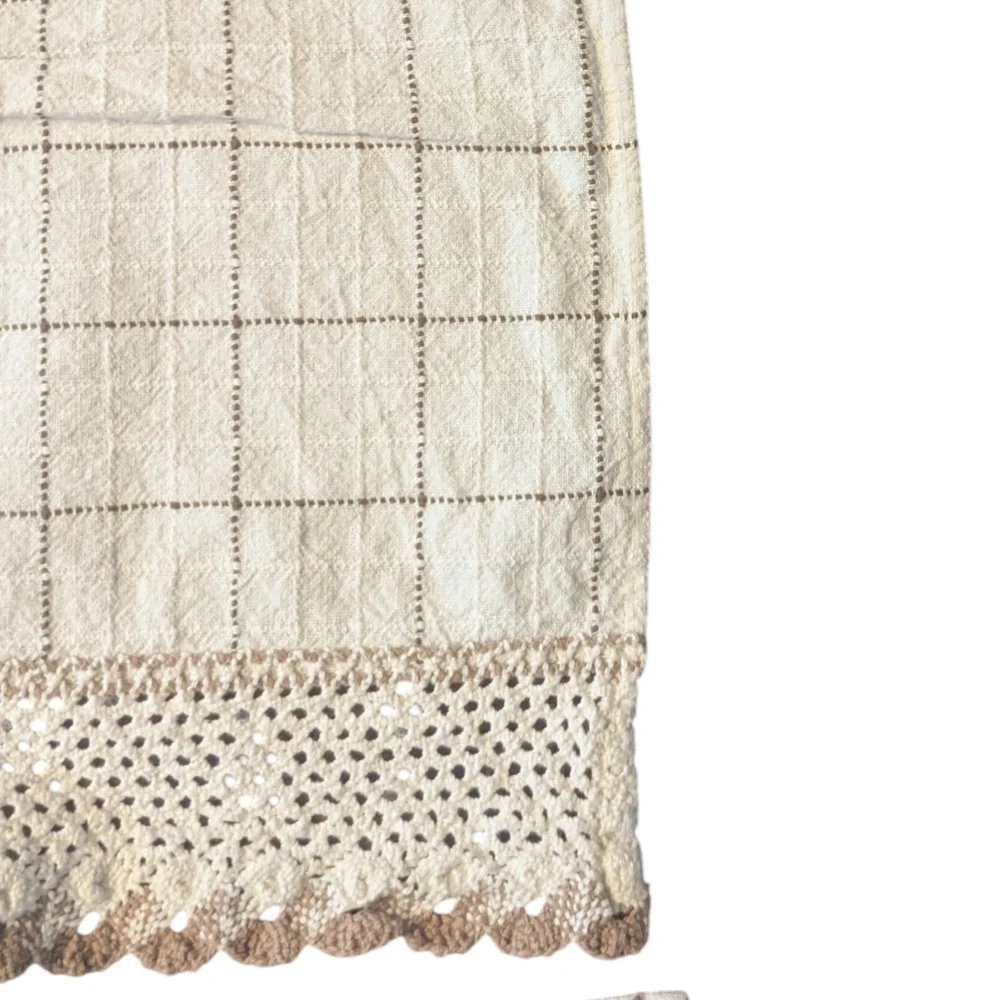 VTG 90s Ecru/Toast Windowpane Crocheted Trim Valance & 2 Half Cafe Curtain Set